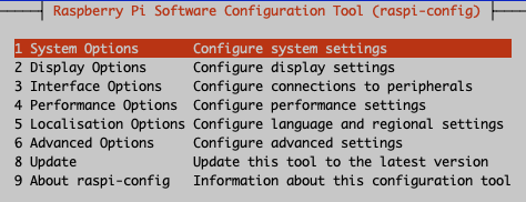 Raspberry Pi Software Configuration Tool Main Menu