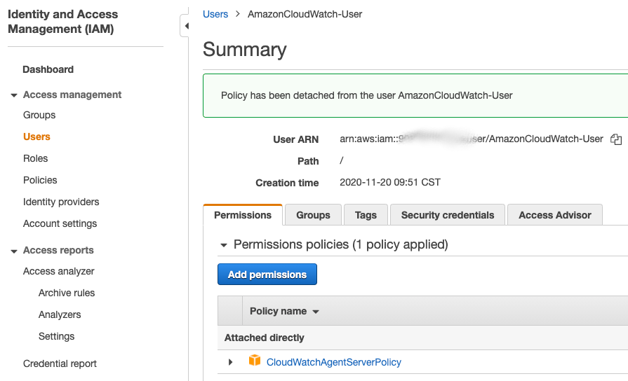 Assigning the CloudWatch IAM User Policy